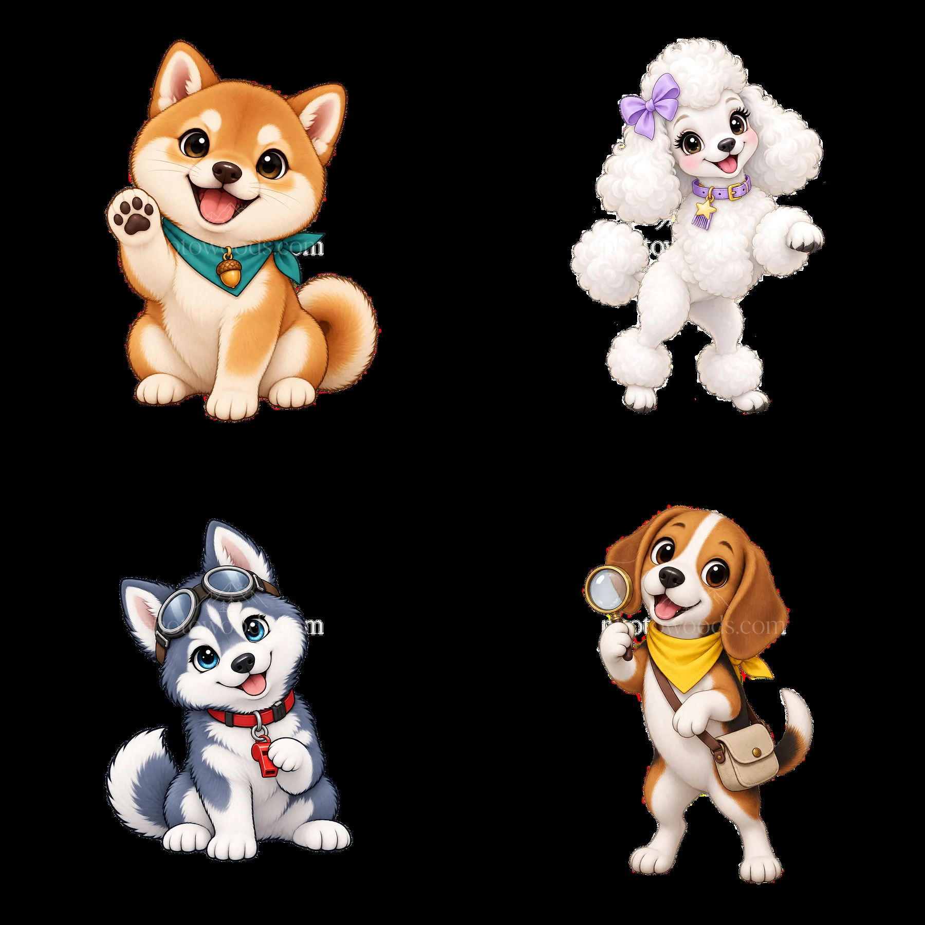 Cute cartoon K-9 dogs showing different expressions and poses - AI-generated stock image
