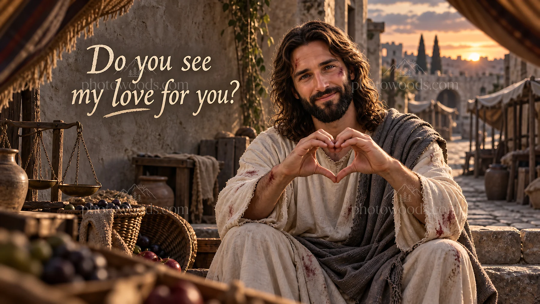 Jesus Christ showing love in a marketplace setting - AI-generated stock image