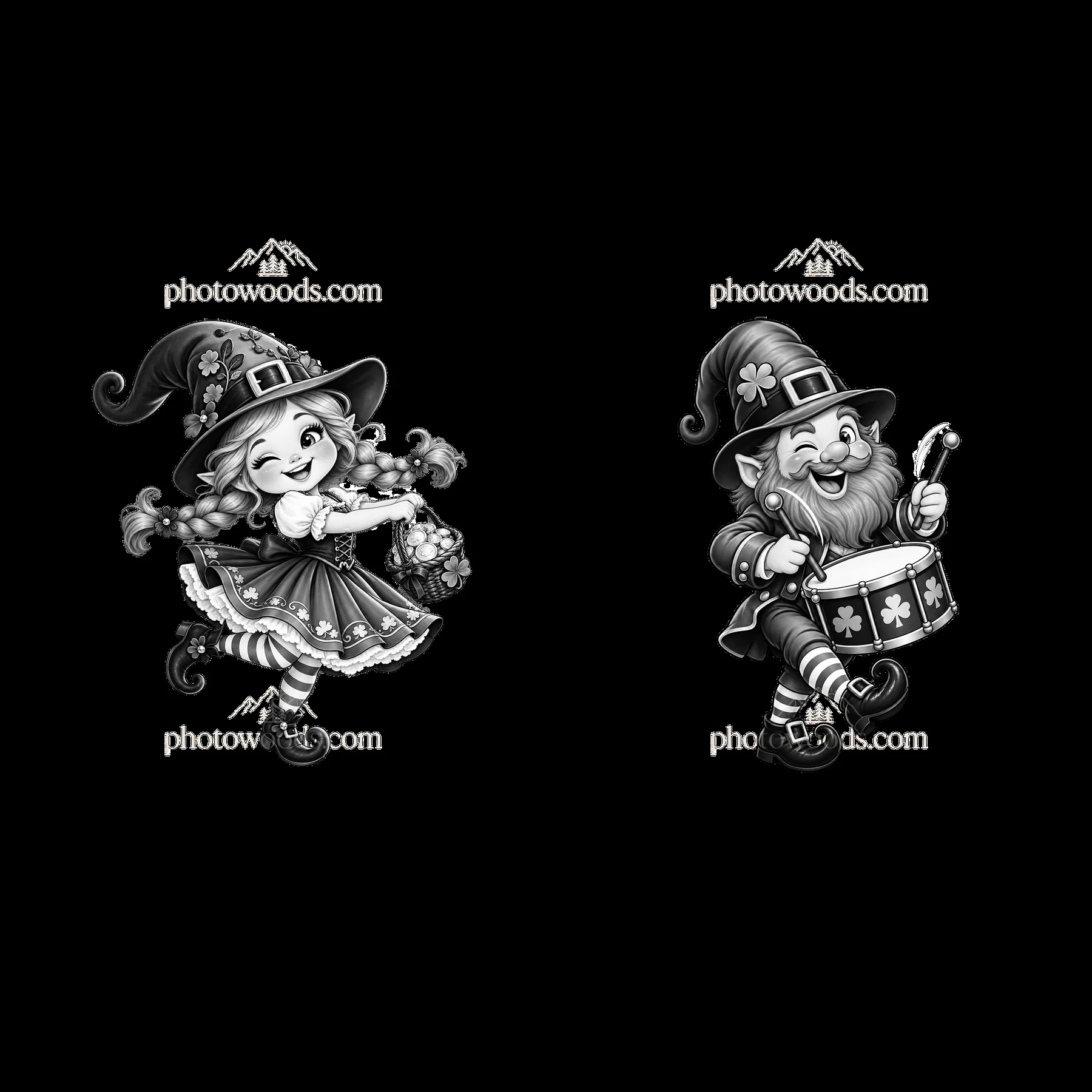 St. Patrick's Day gnome girl and gnome drummer in black-and-white - AI-generated stock image