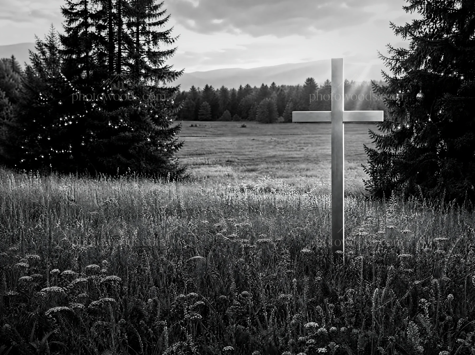 Christian cross in meadow with rays of light - AI-generated stock image