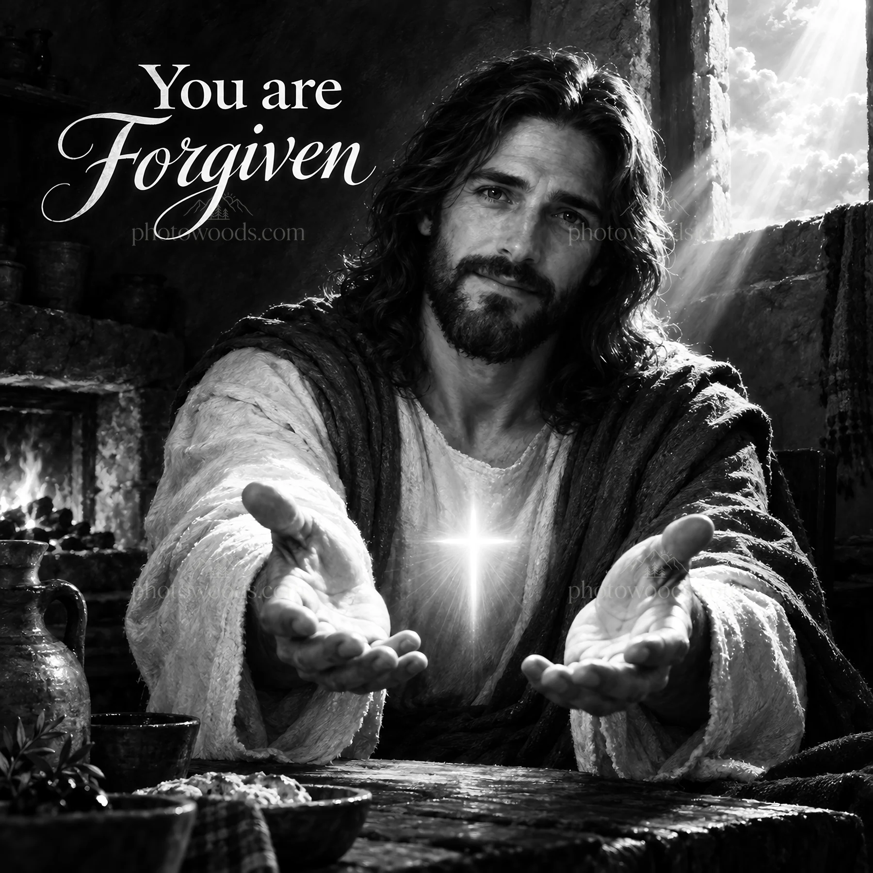 Jesus Christ offers forgiveness with open arms - AI-generated stock image