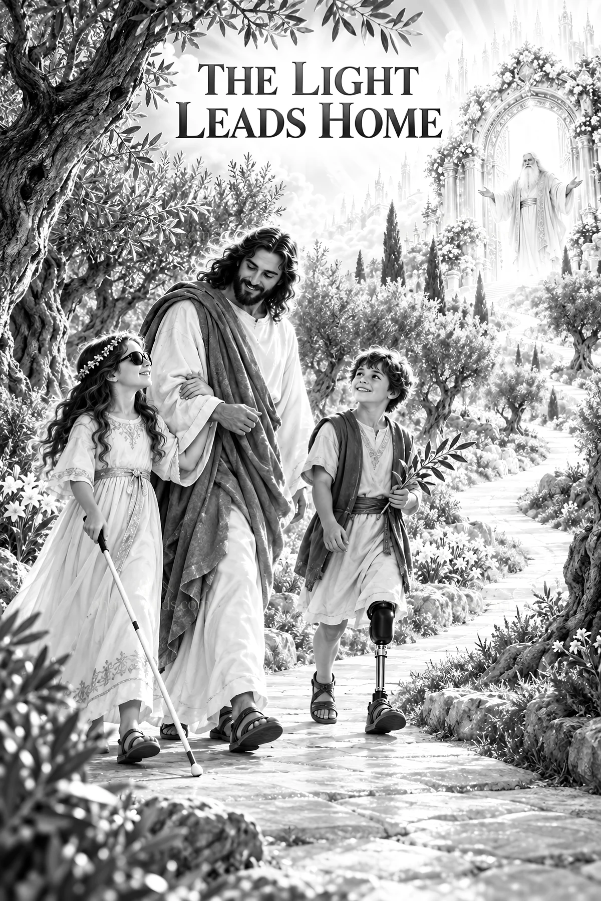 Jesus Christ walking with children in a garden - AI-generated stock image