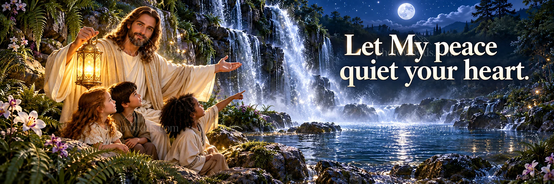 Jesus Christ comforting children by a waterfall at night - AI-generated stock image