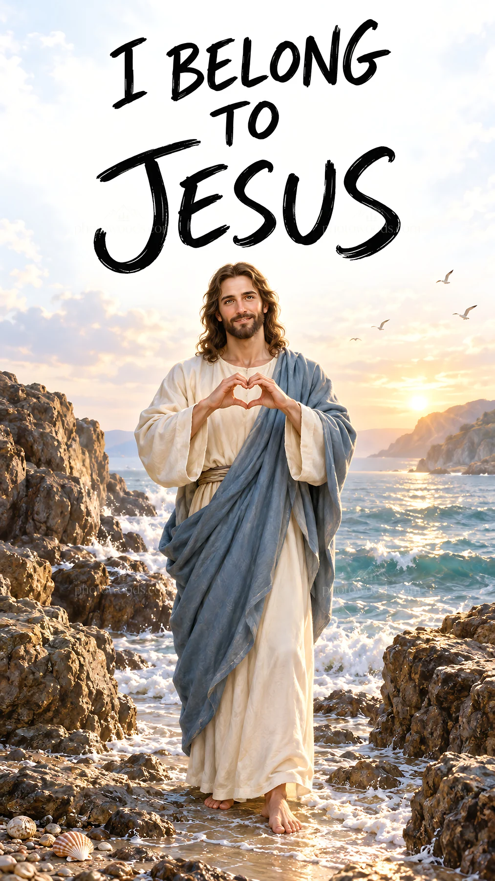 Jesus Christ making a heart gesture by the sea - AI-generated stock image