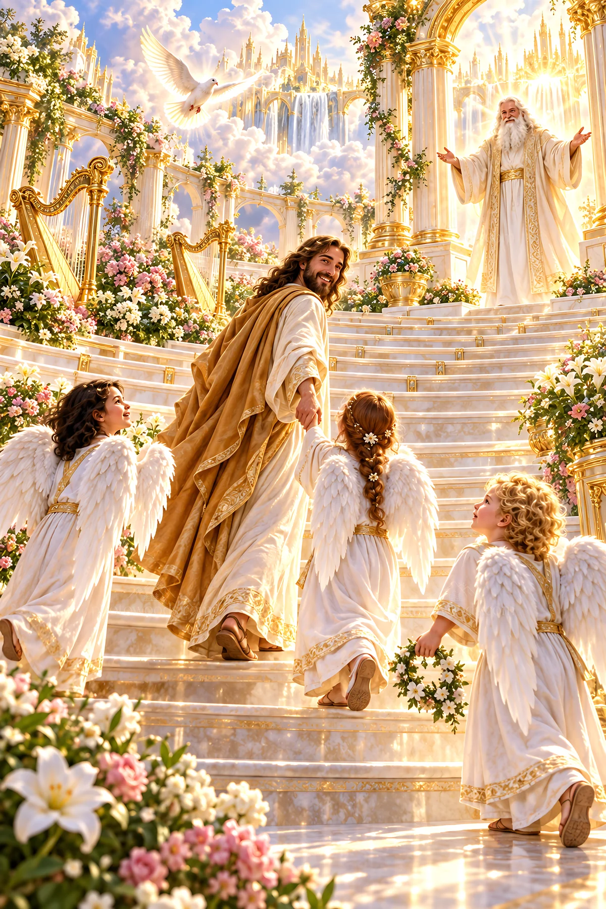 Jesus Christ guiding children in a heavenly setting - AI-generated stock image