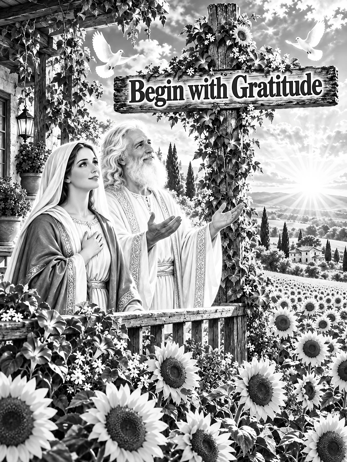 Jesus Christ and Mary expressing gratitude in a sunrise setting - AI-generated stock image