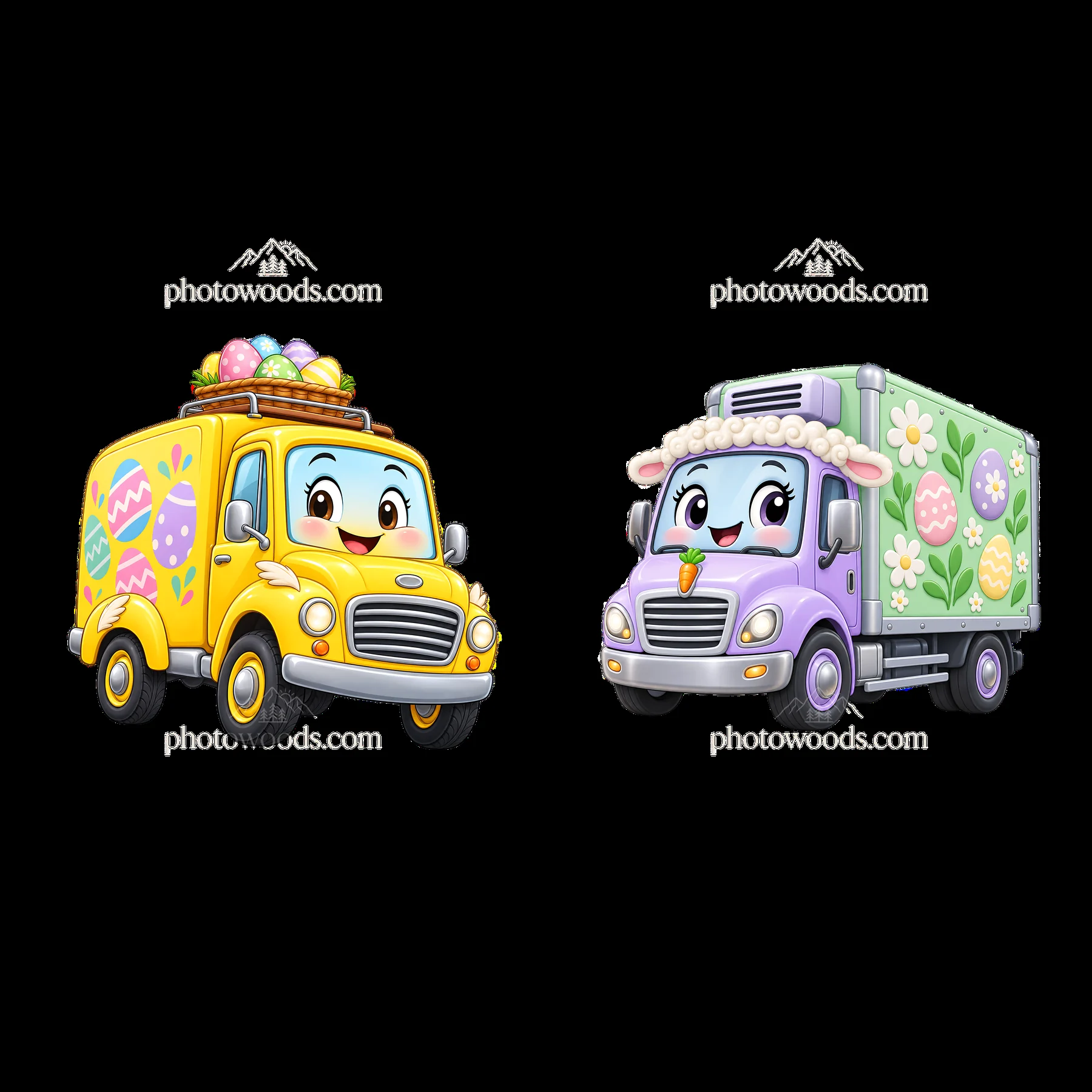 Easter trucks with colorful decorations and cheerful expressions - AI-generated stock image