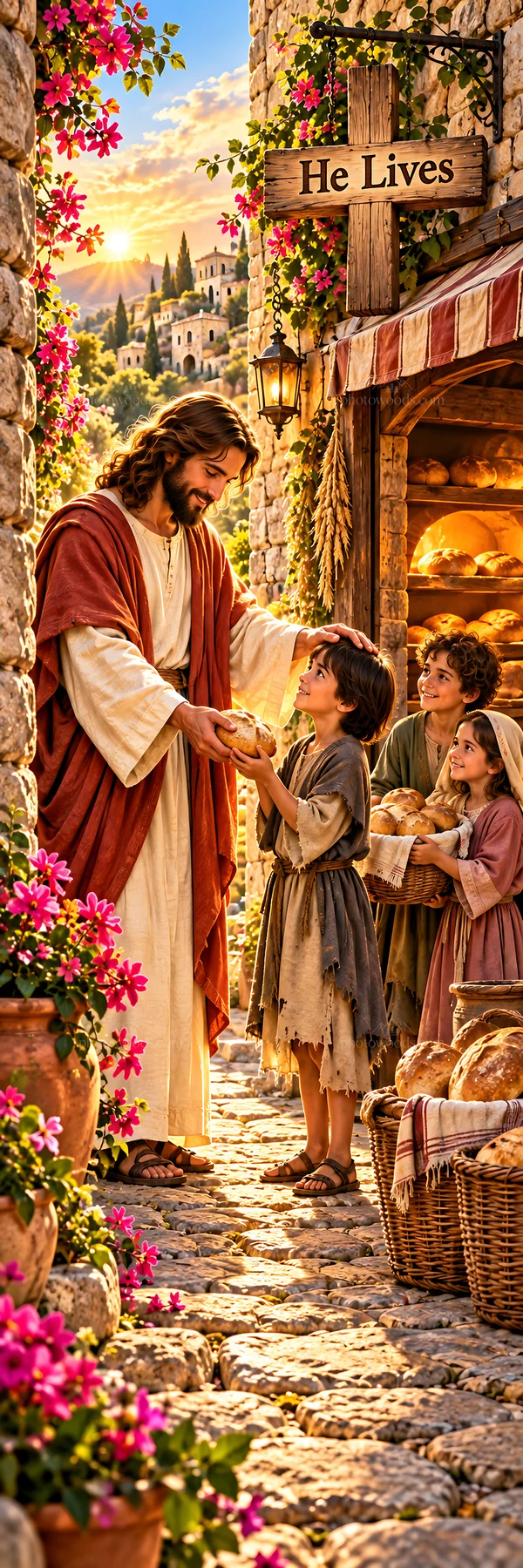 Jesus Christ sharing bread with children in a village - AI-generated stock image