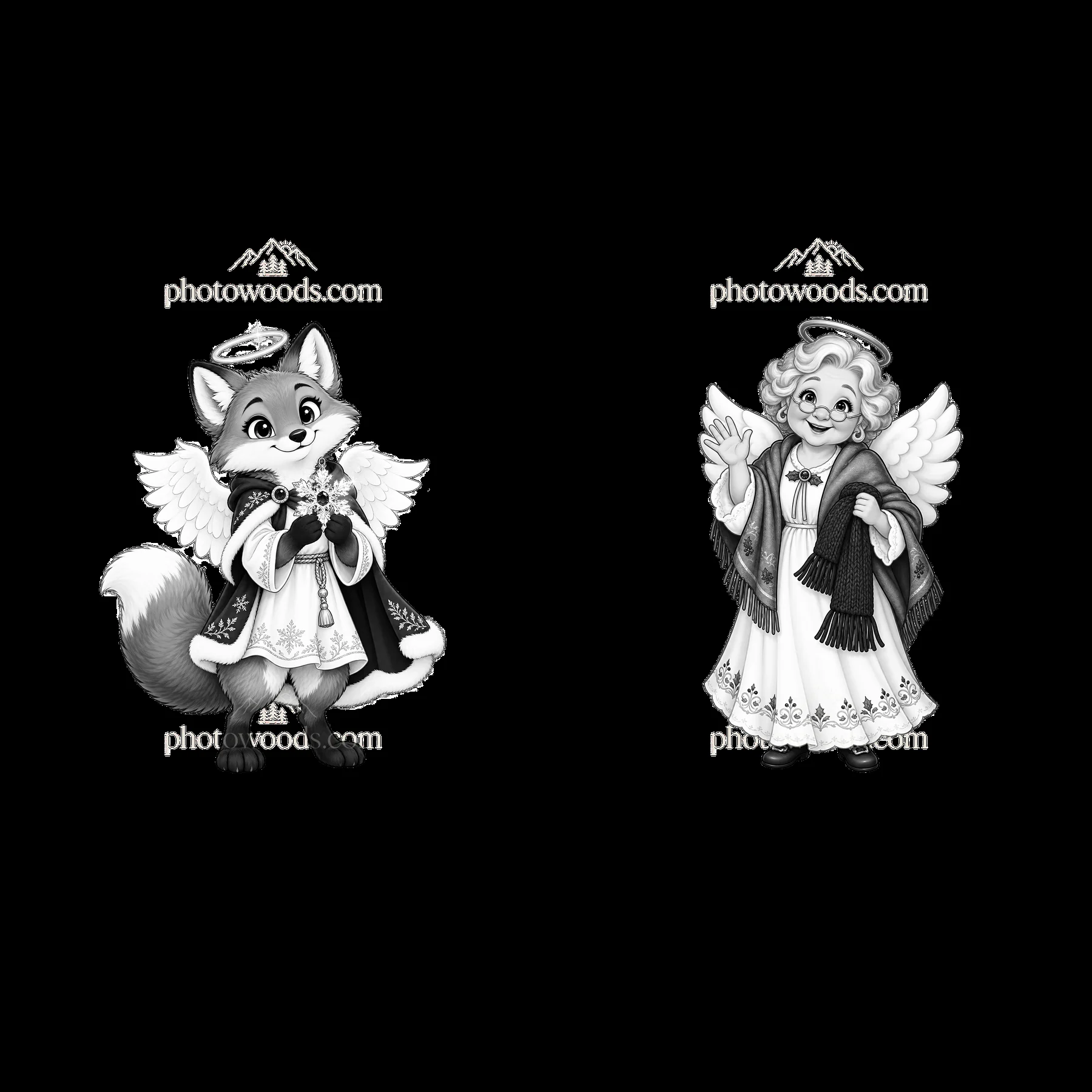 Christmas angel fox and girl characters in monochrome design - AI-generated stock image