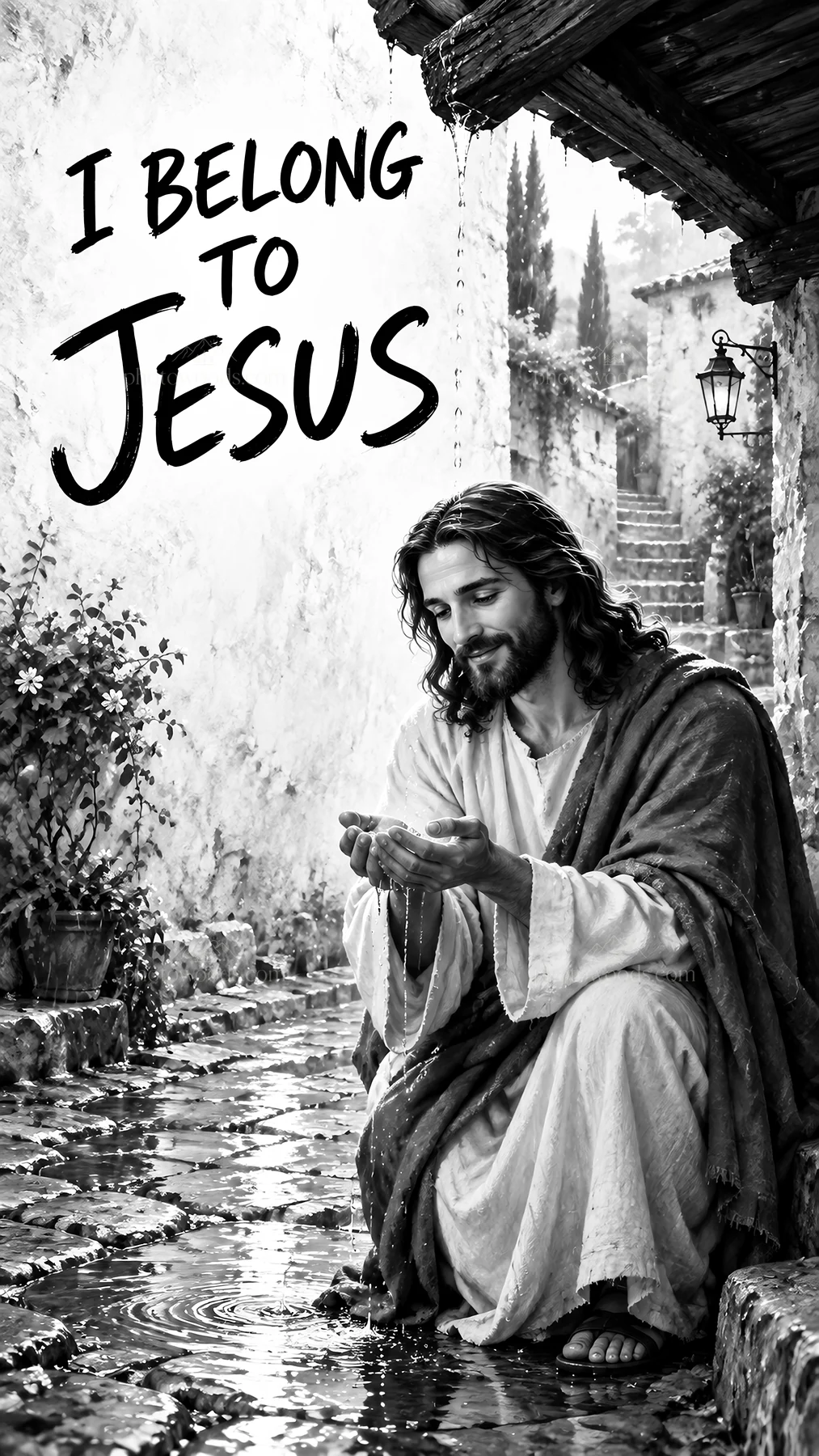 Jesus Christ holding water with a joyful expression - AI-generated stock image