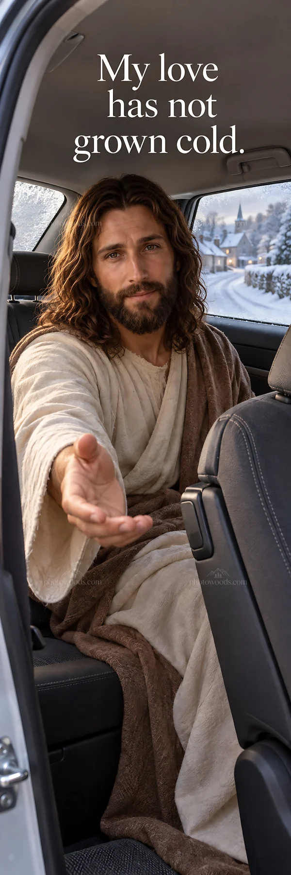 Jesus Christ reaching out from a car in a modern setting - AI-generated stock image