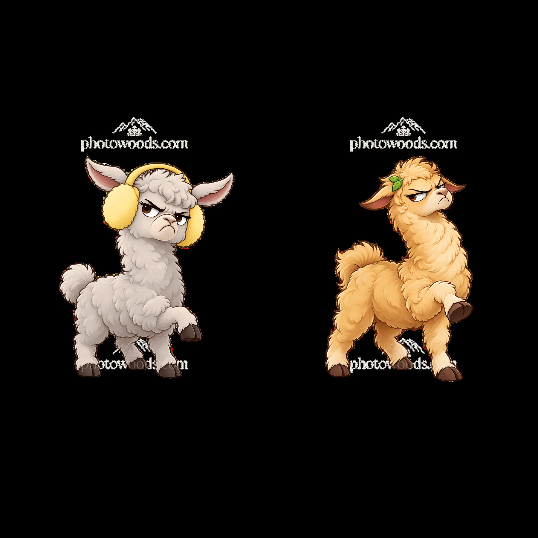 Grumpy llama sticker pair with headphones and playful pose - AI-generated stock image