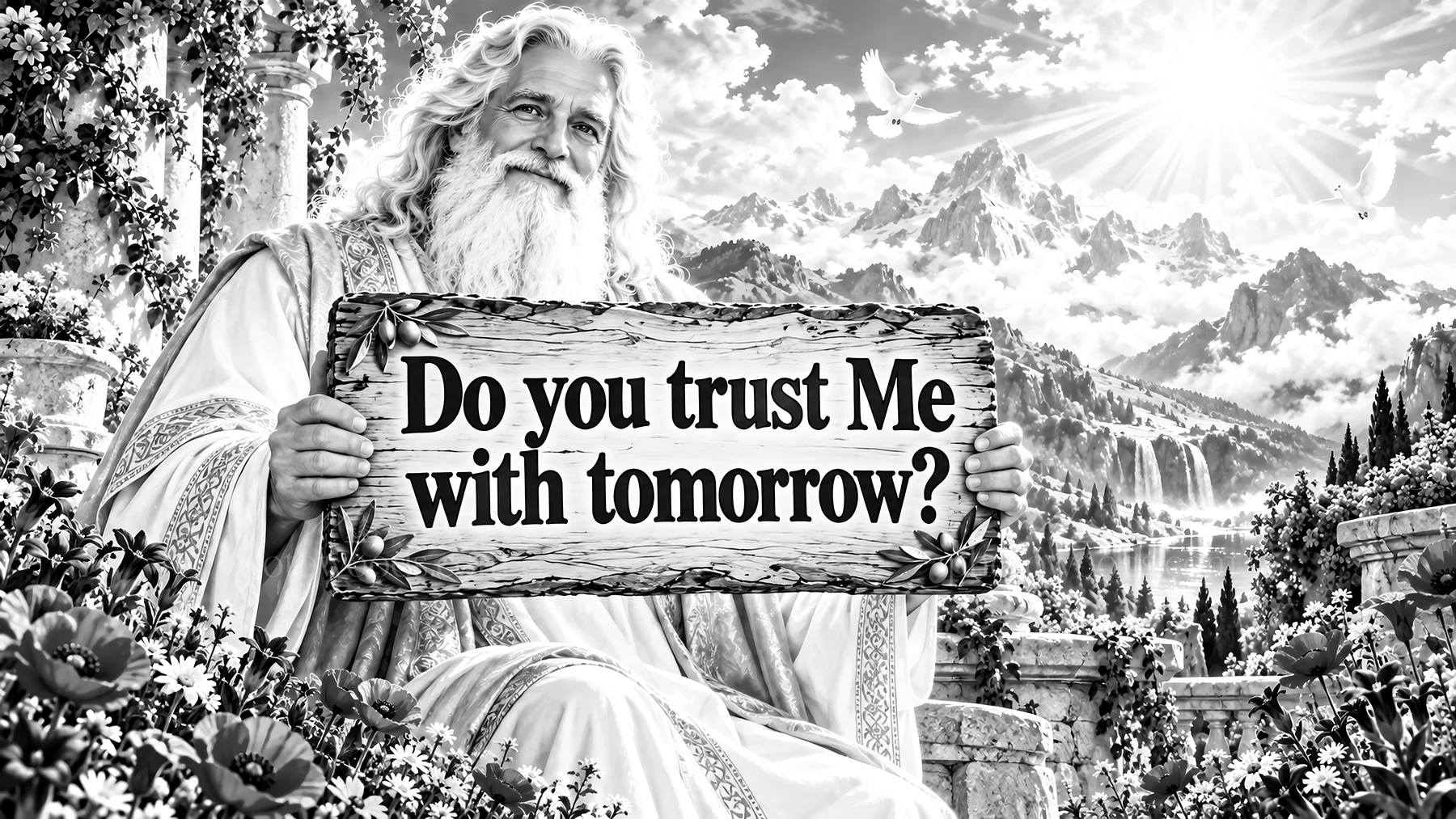Jesus Christ holds a sign asking if you trust Him with tomorrow - AI-generated stock image