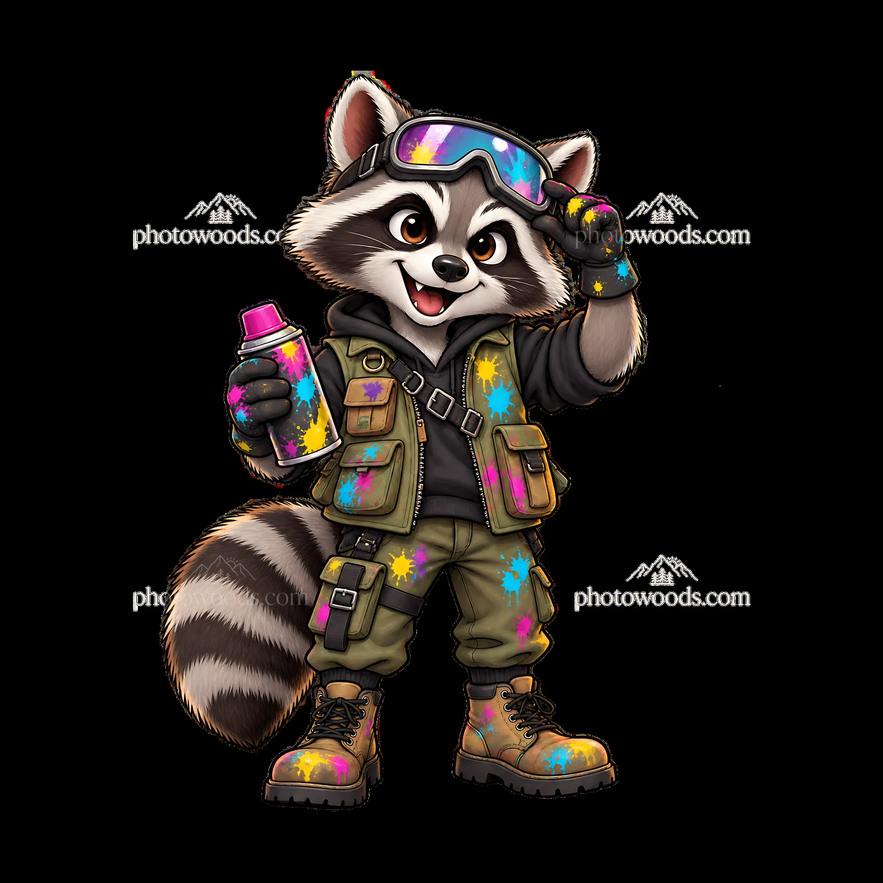 Raccoon graffiti artist with spray can and colorful outfit - AI-generated stock image
