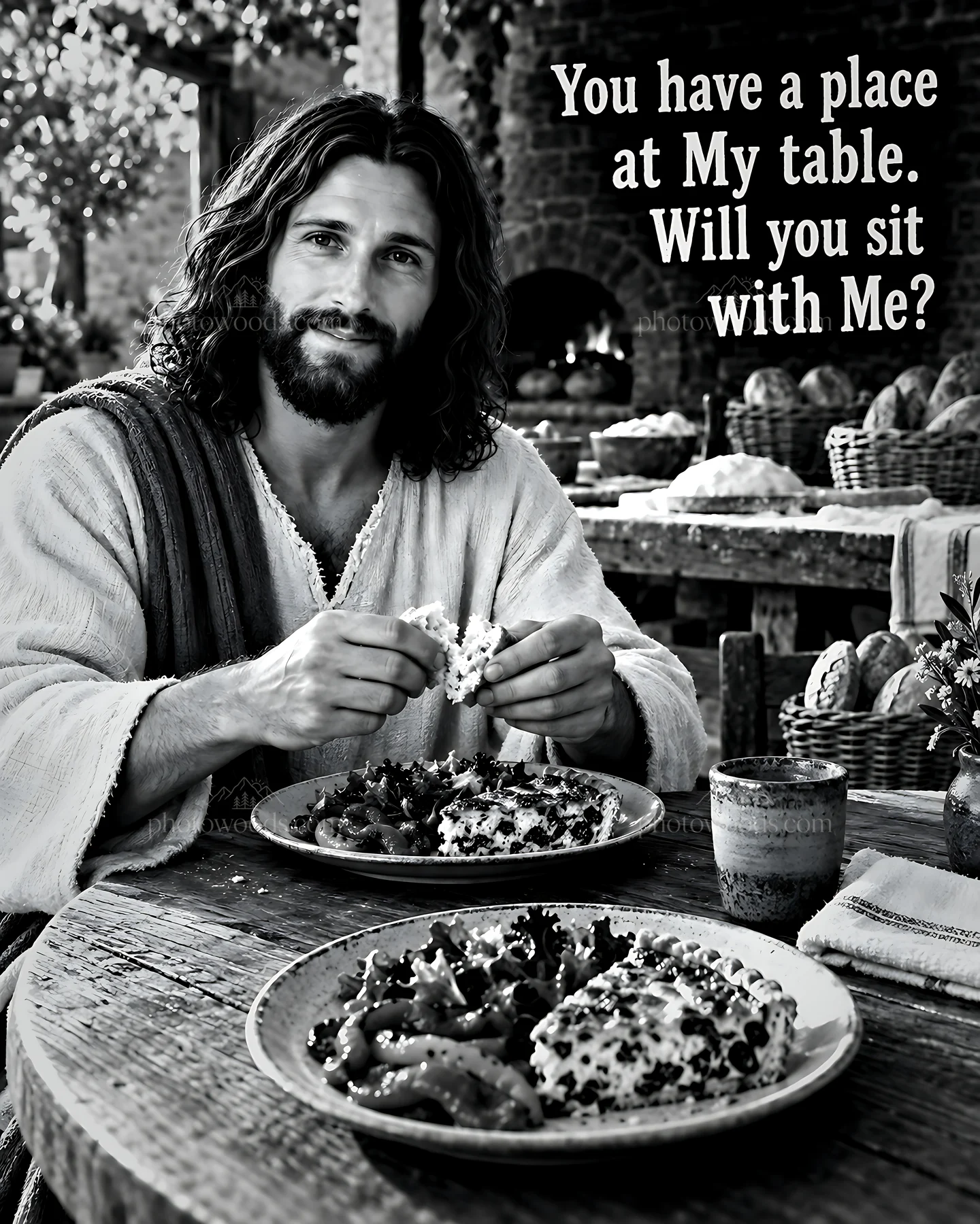 Invitation to share a meal at a table in a cozy bakery - AI-generated stock image