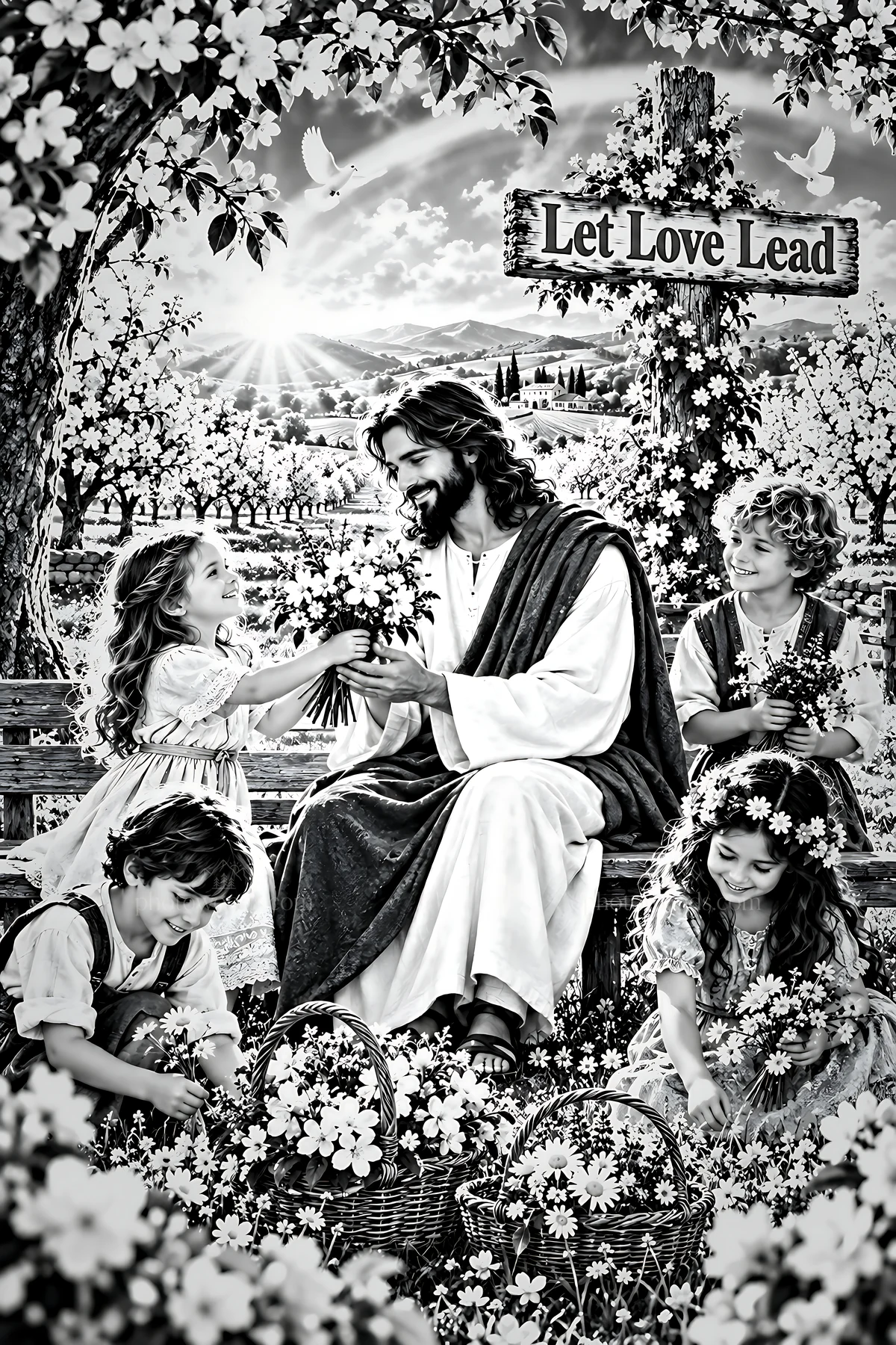 Love in the orchard with children and jesus - AI-generated stock image
