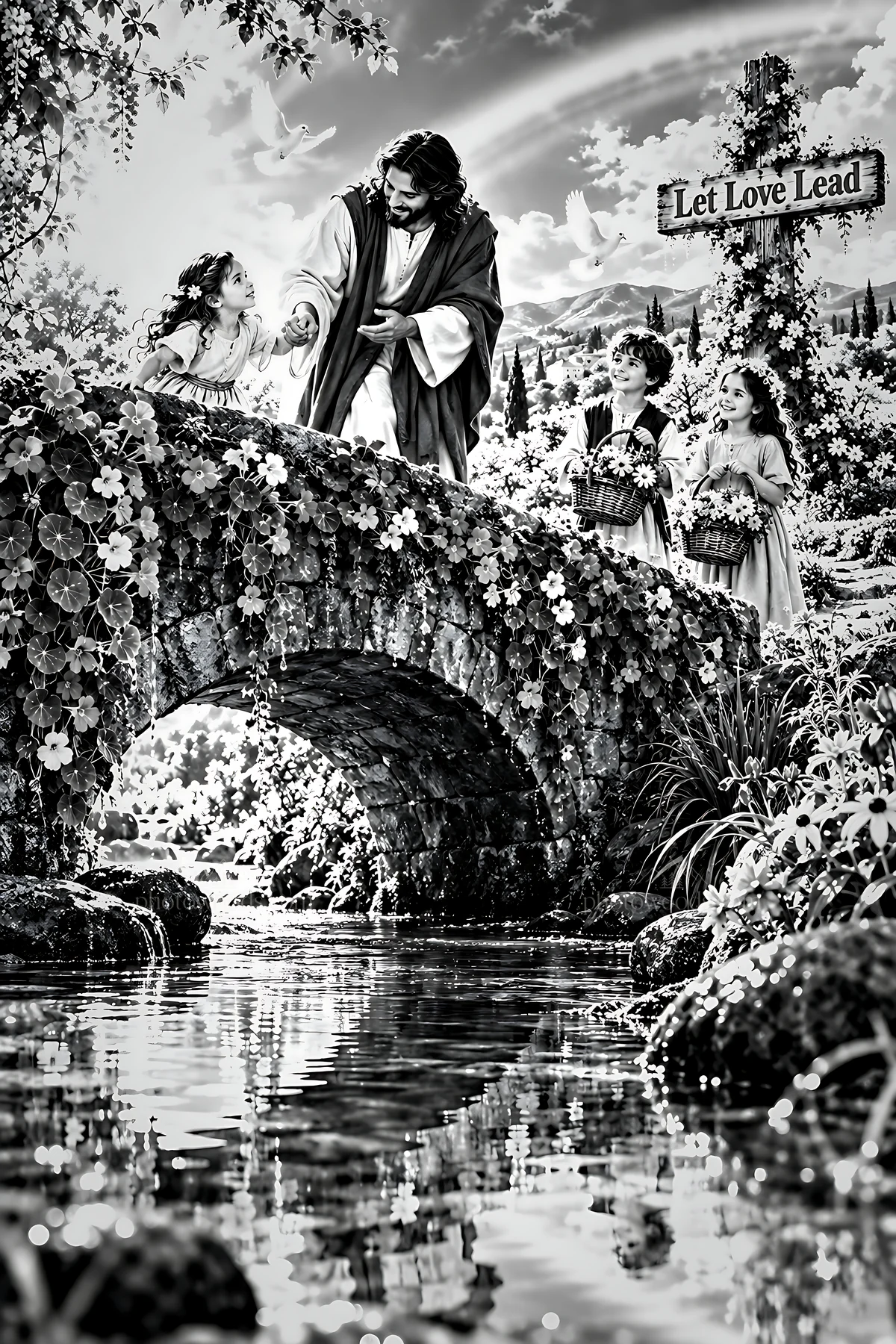 Courage on the flower bridge - AI-generated stock image