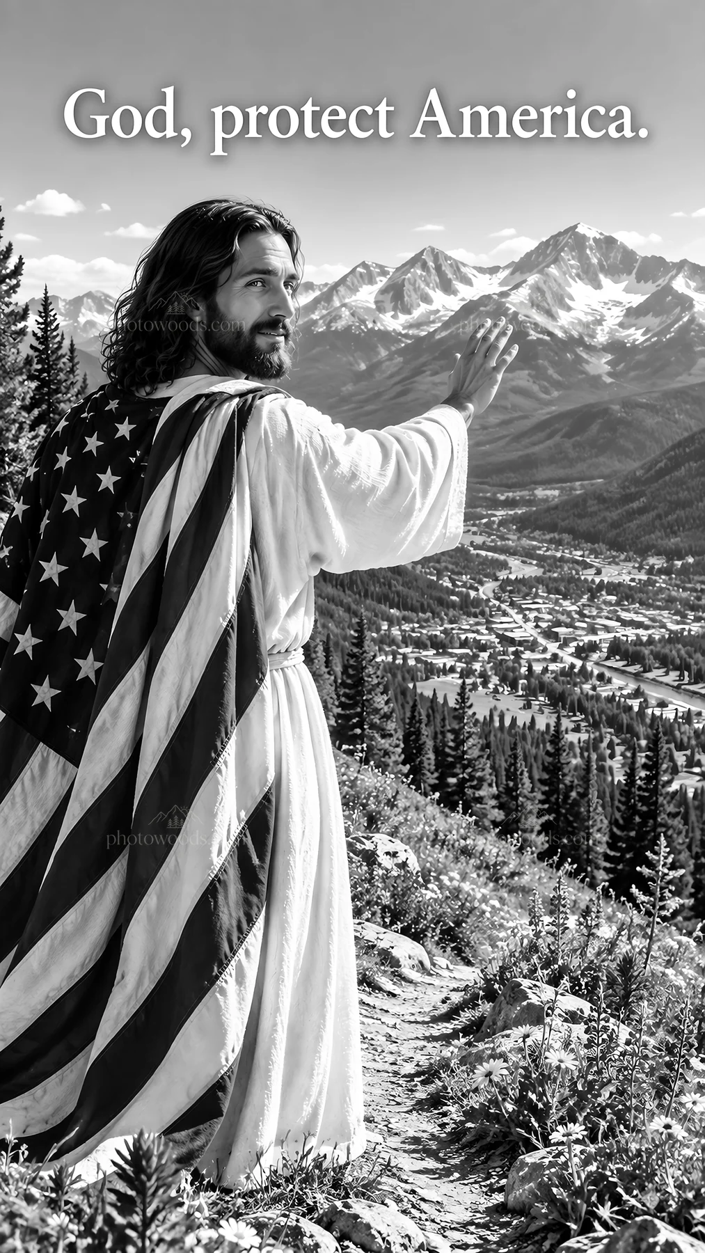 Jesus Christ watching over the mountains and American landscape - AI-generated stock image