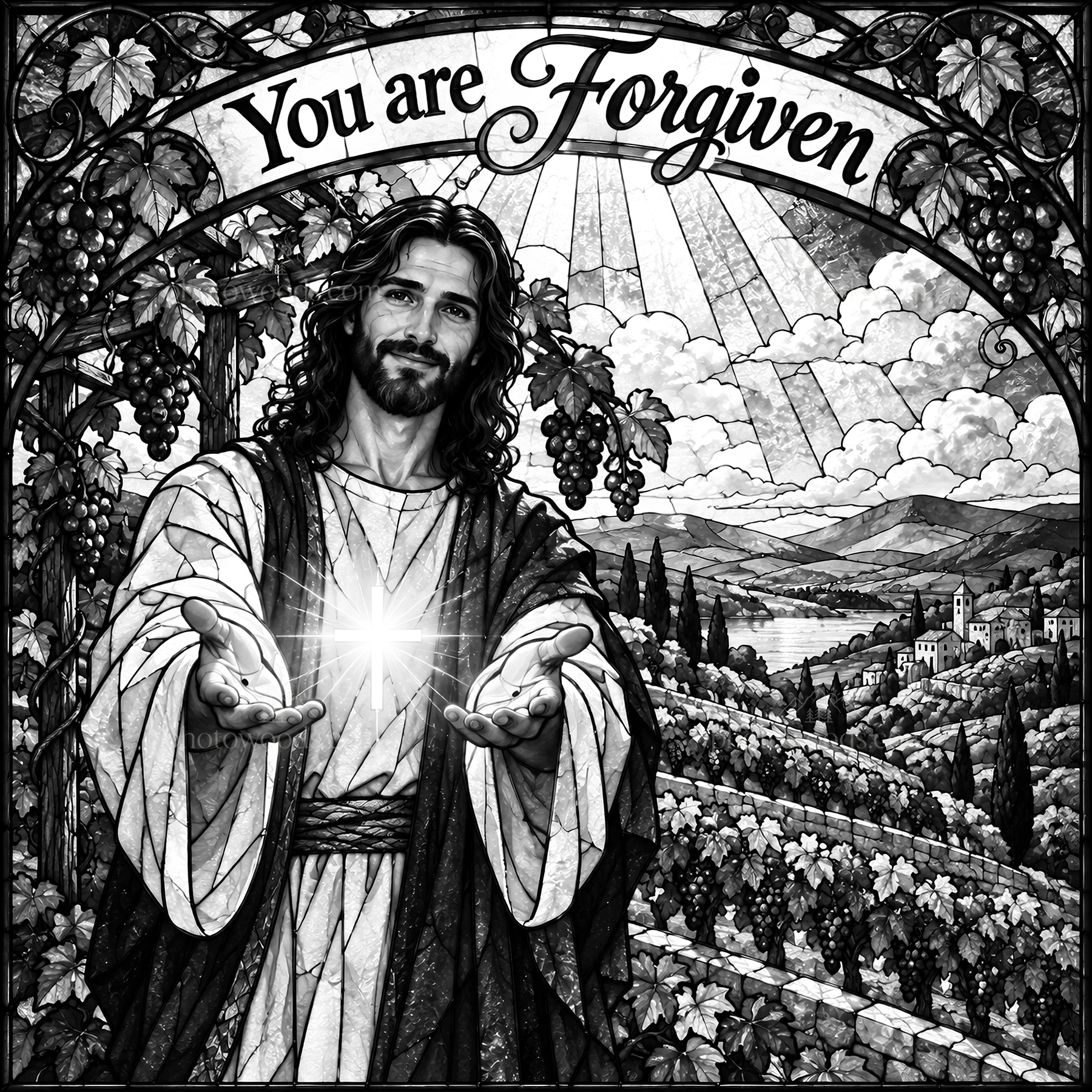 Jesus Christ welcoming with open hands and message of forgiveness - AI-generated stock image