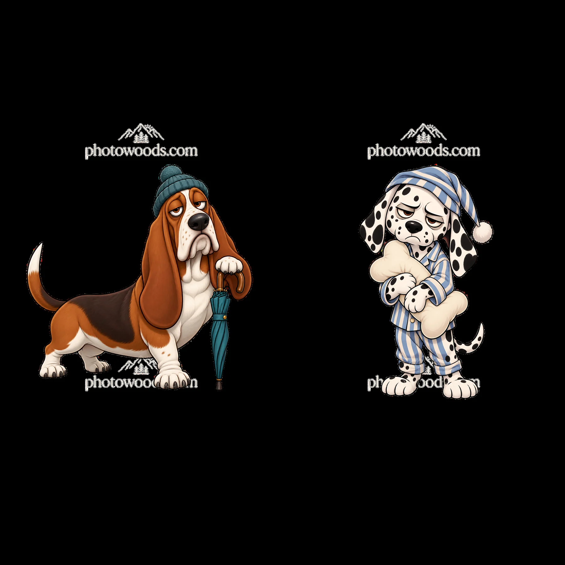 Grumpy dog cartoon stickers with accessories and pajamas - AI-generated stock image