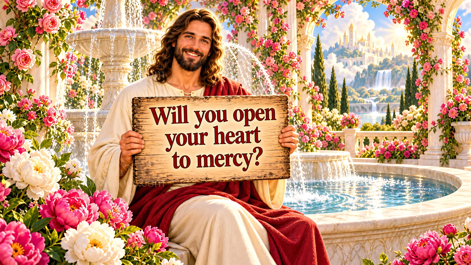 Jesus Christ inviting viewers to open their hearts to mercy - AI-generated stock image
