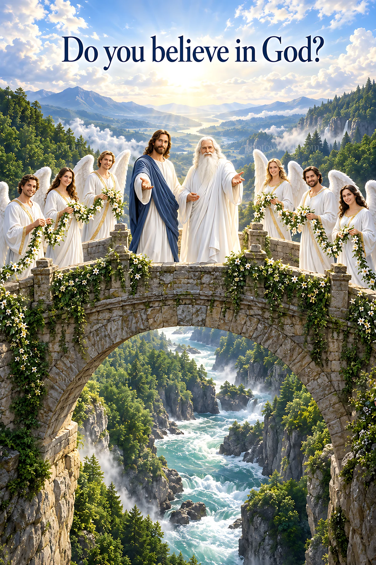 Do you believe in God with figures on a stone bridge - AI-generated stock image