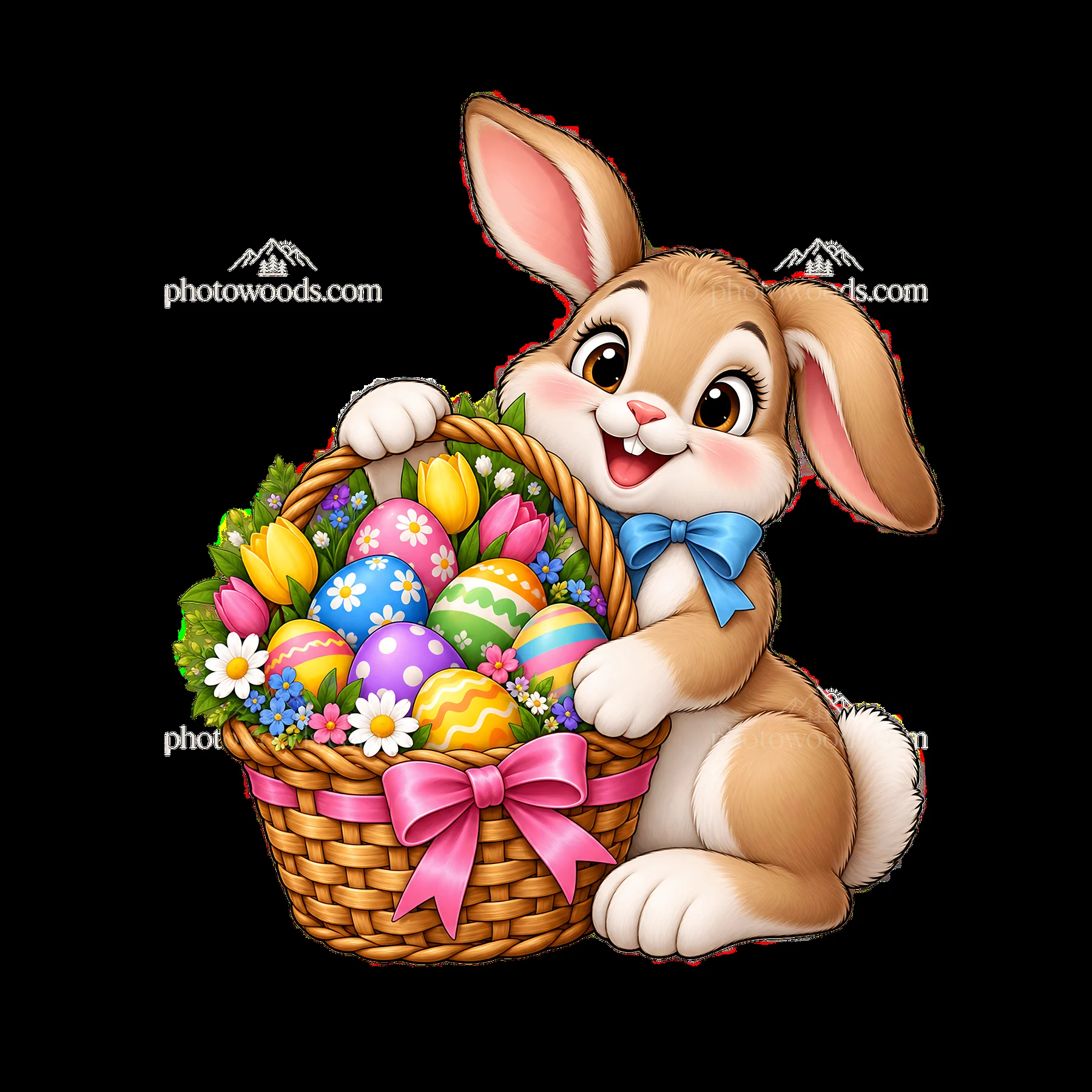 Cartoon bunny holding an Easter basket full of colorful eggs - AI-generated stock image