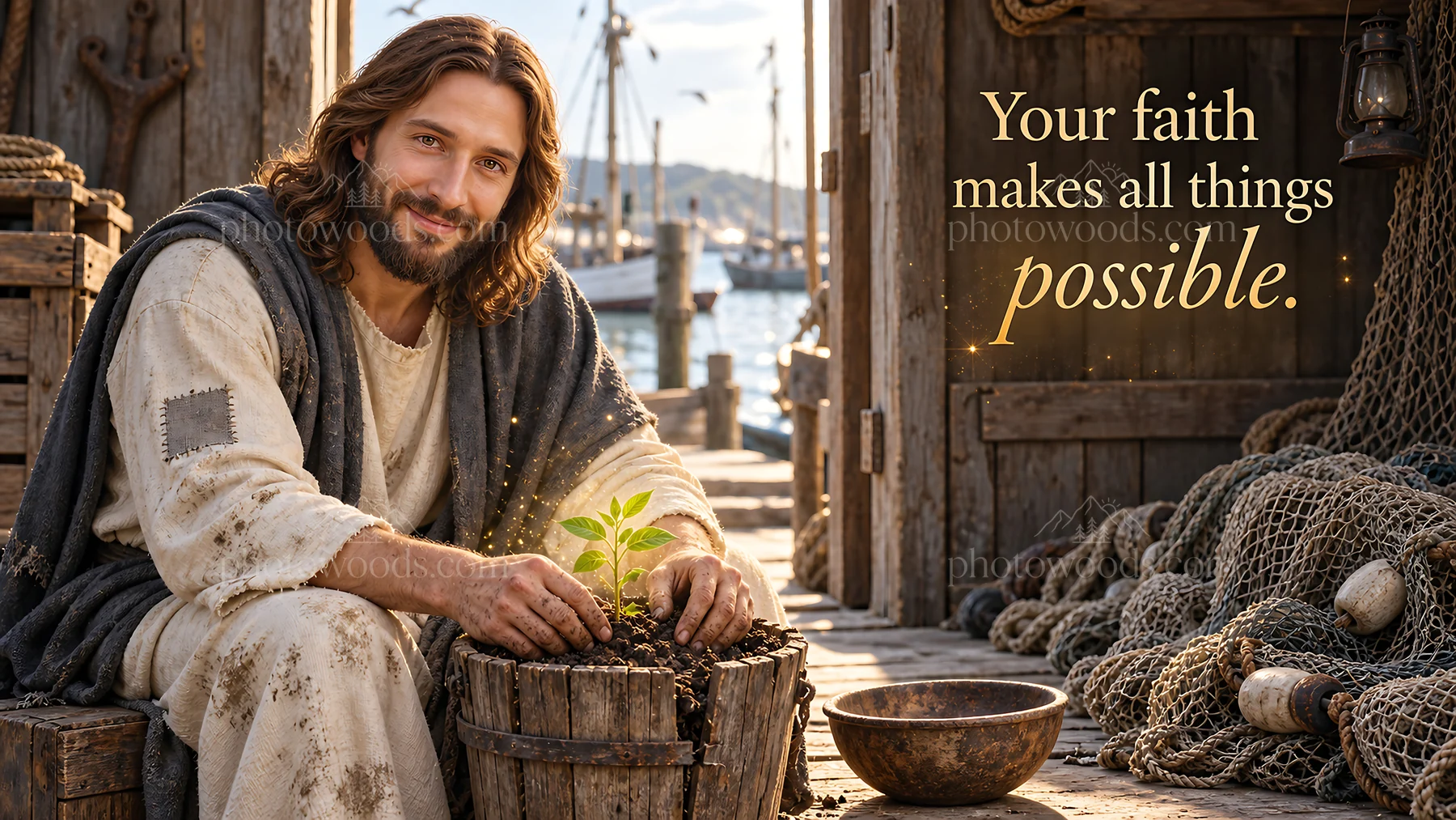 Jesus Christ nurturing growth in a coastal setting - AI-generated stock image