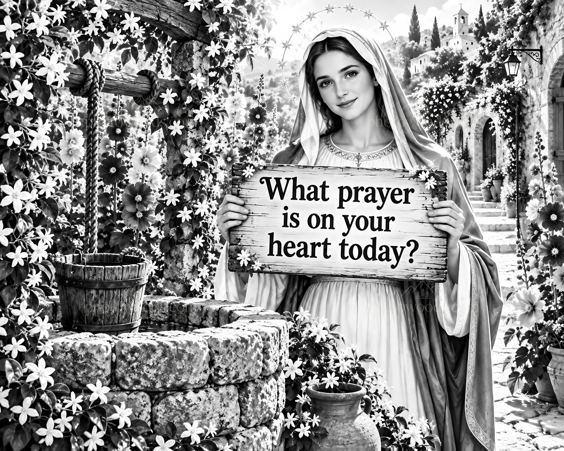 Jesus Christ holding a sign asking about your prayer today - AI-generated stock image