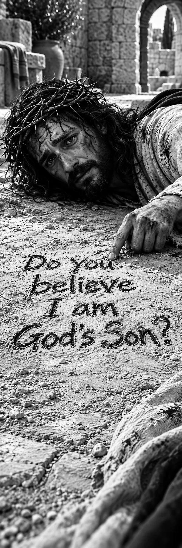 Jesus Christ writing in the sand and asking about belief - AI-generated stock image