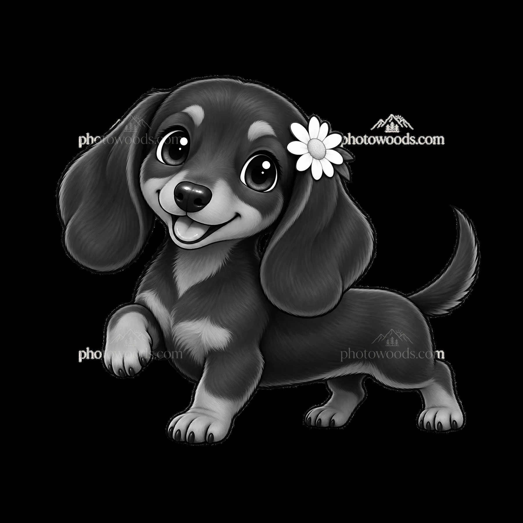 Cute cartoon dog with flower on its ear in black-and-white - AI-generated stock image