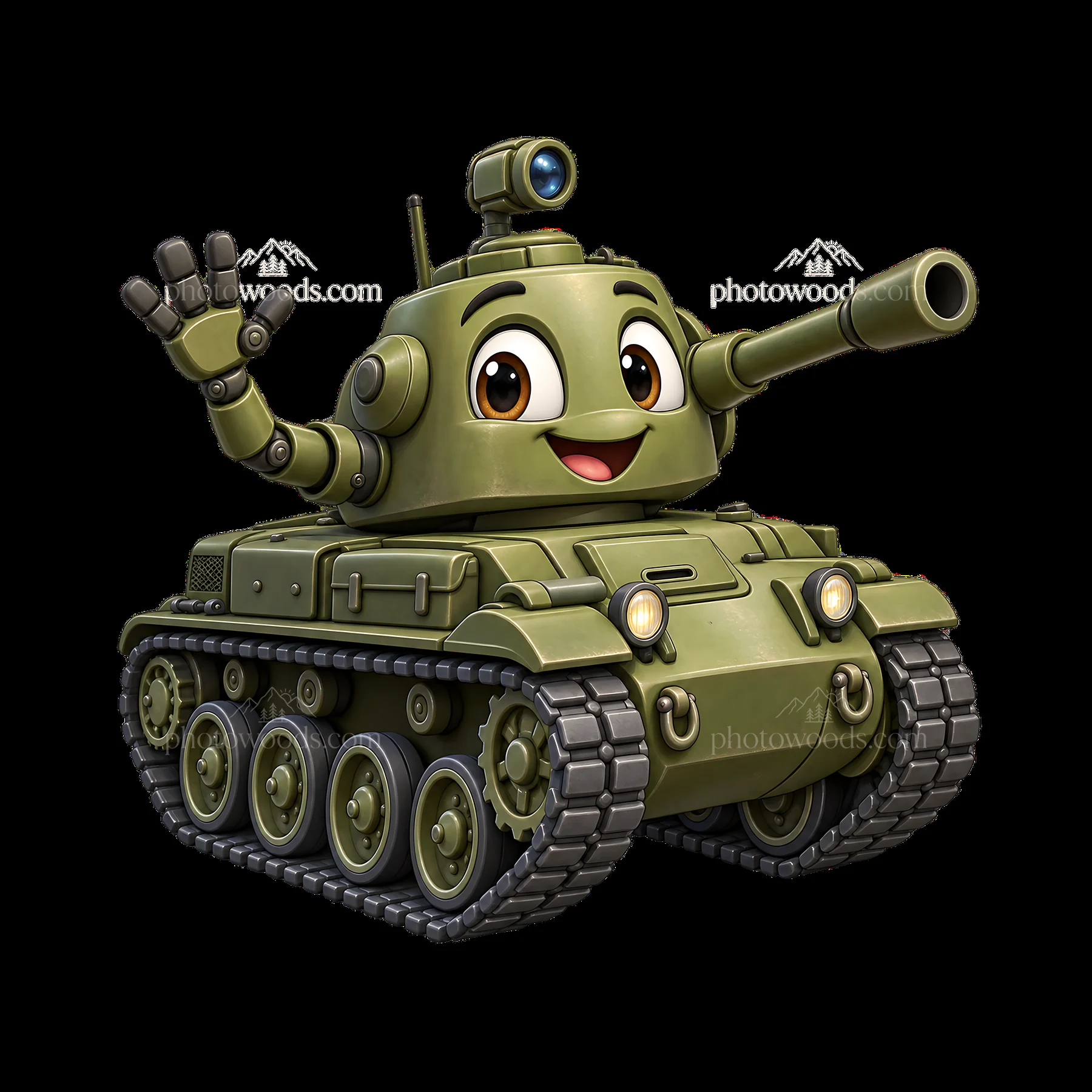 Cartoon tank character with a smiling face waving hand - AI-generated stock image