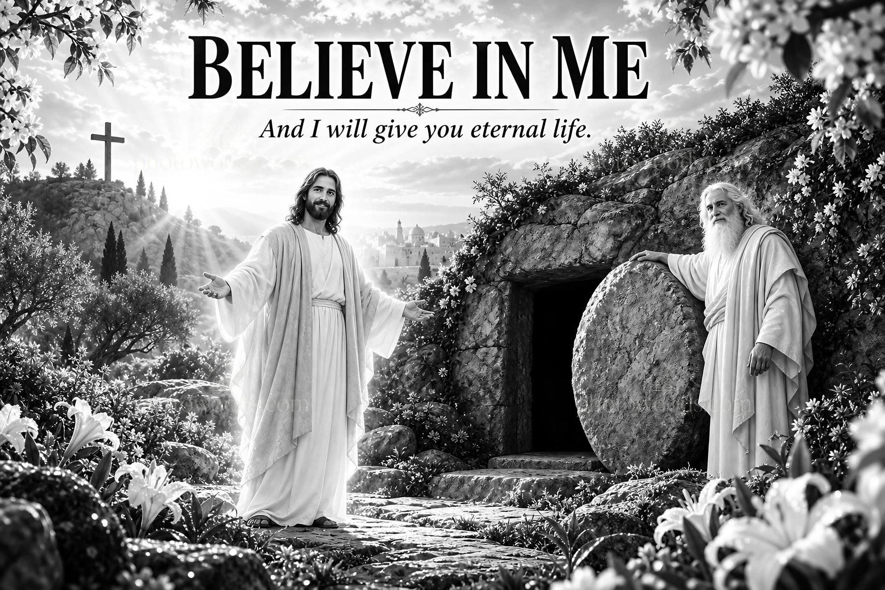 Jesus Christ at the tomb offers eternal life - AI-generated stock image