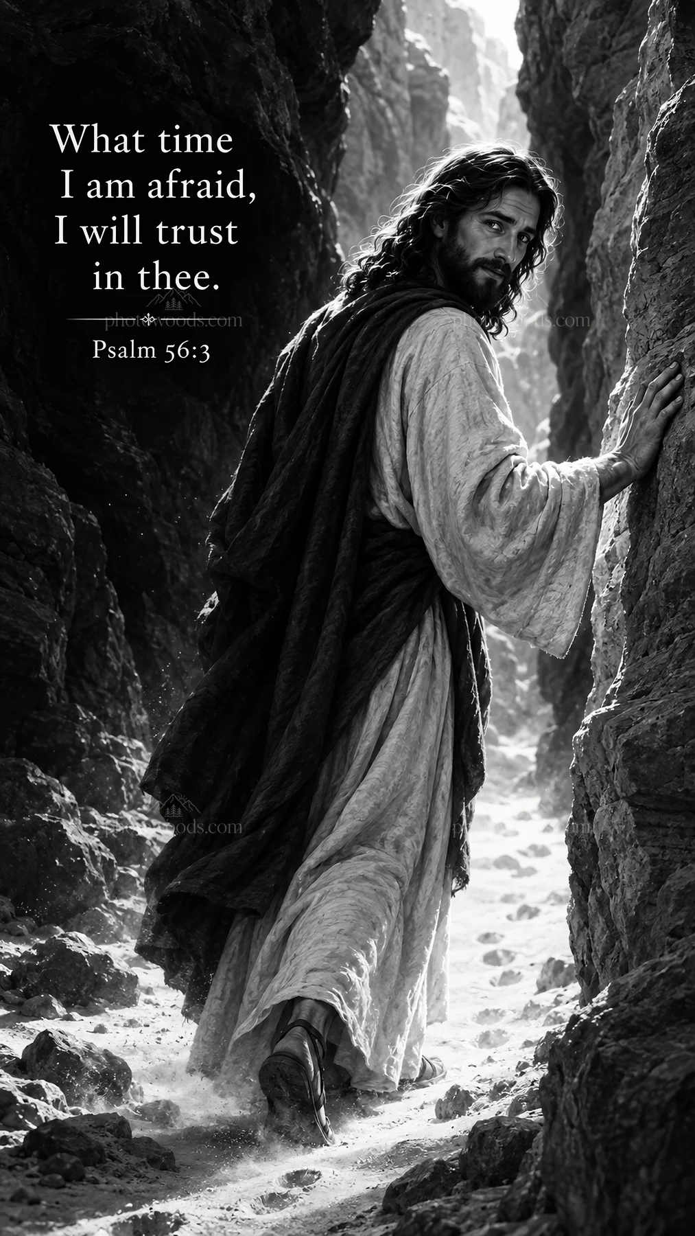 Jesus Christ walking through a rocky path - AI-generated stock image