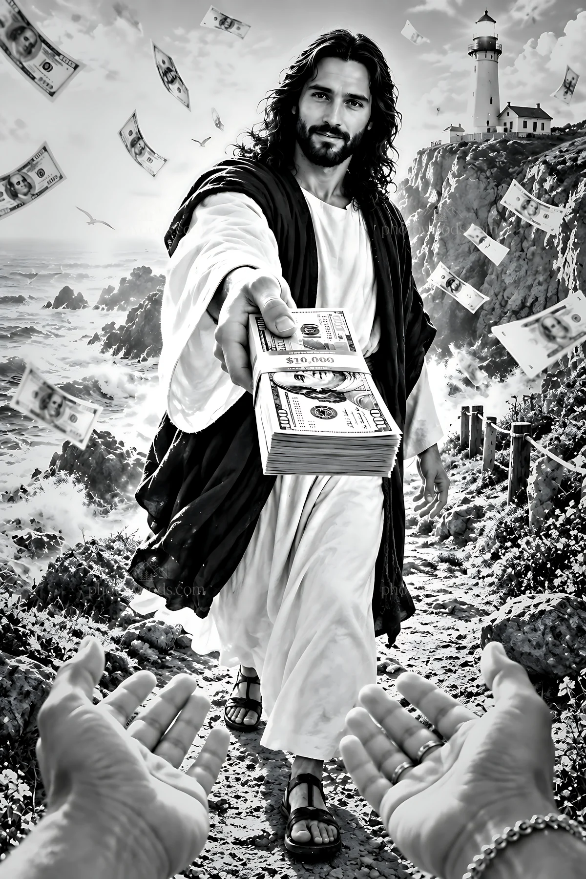 Walking the path to the lighthouse with cash in hand - AI-generated stock image