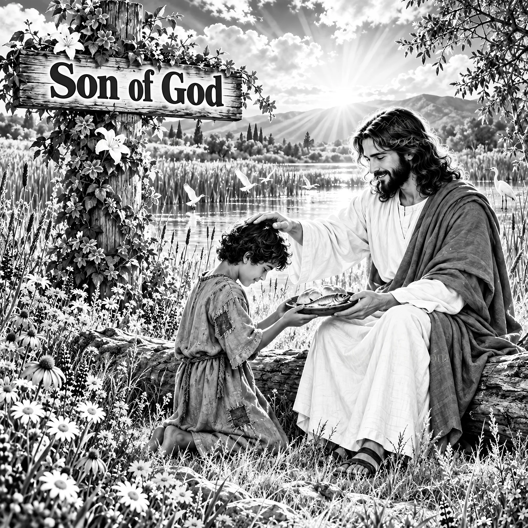 Jesus Christ sharing a meal with a child outdoors - AI-generated stock image