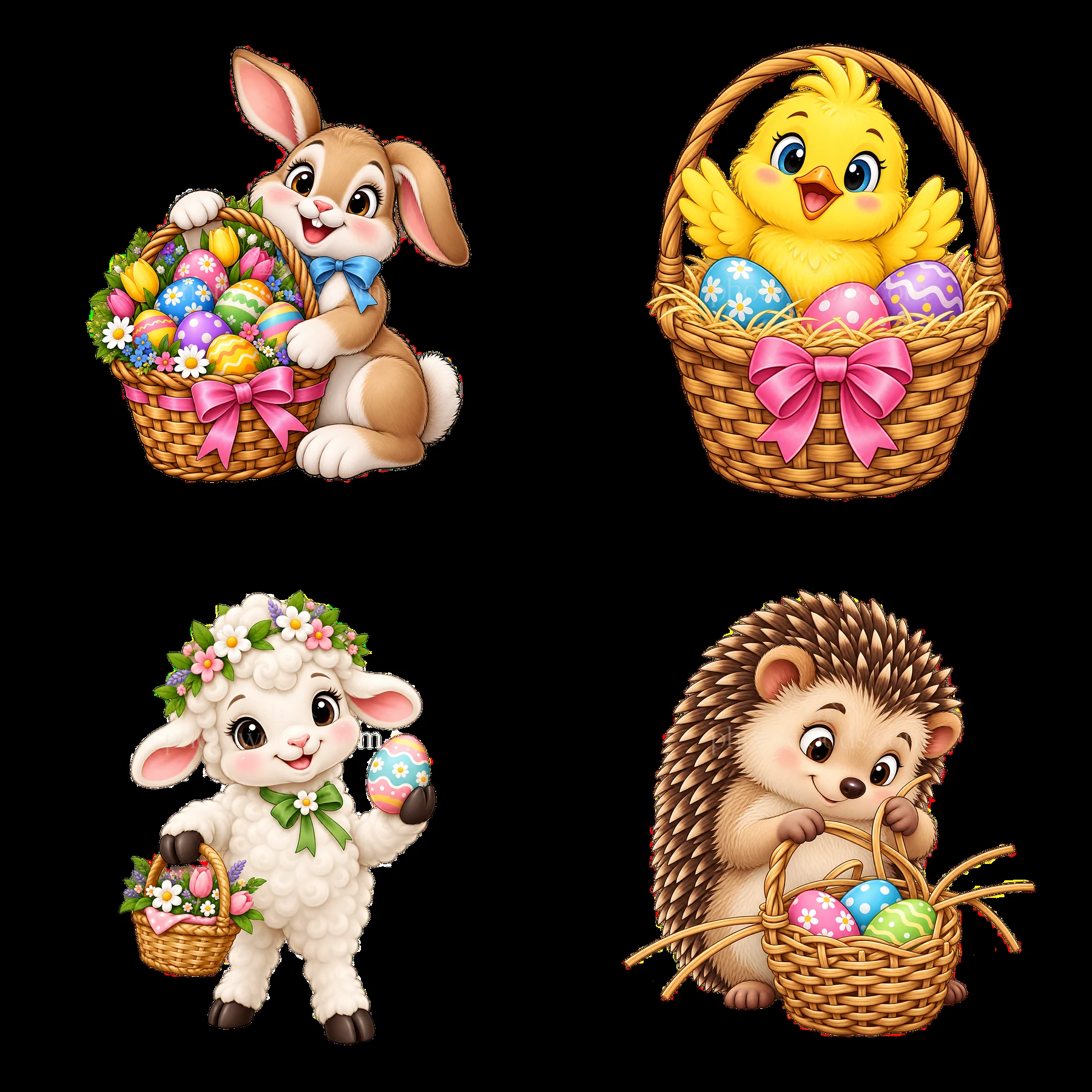 Easter basket characters with bunny, chick, lamb, and hedgehog - AI-generated stock image