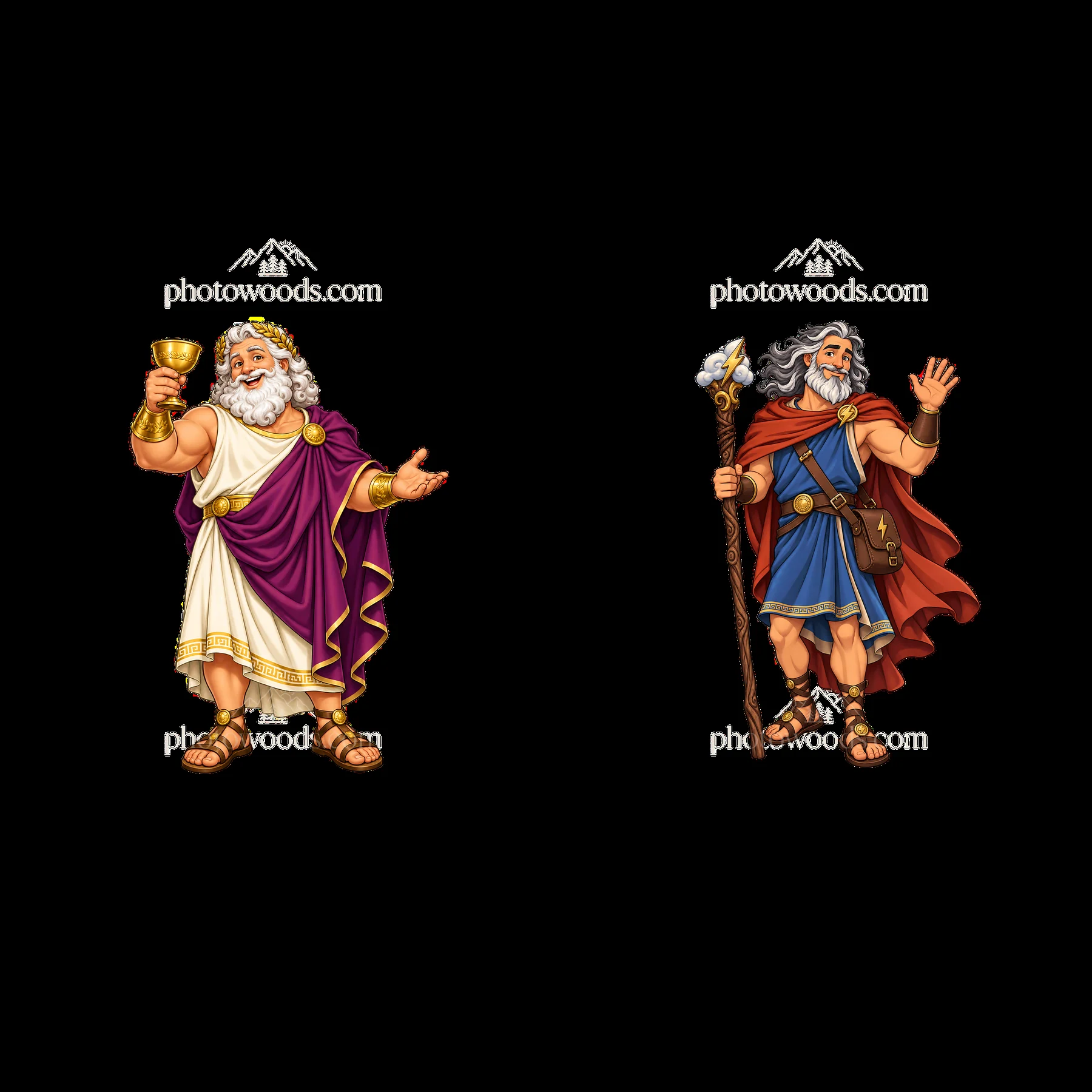 Zeus holding a goblet and another Zeus with a staff - AI-generated stock image