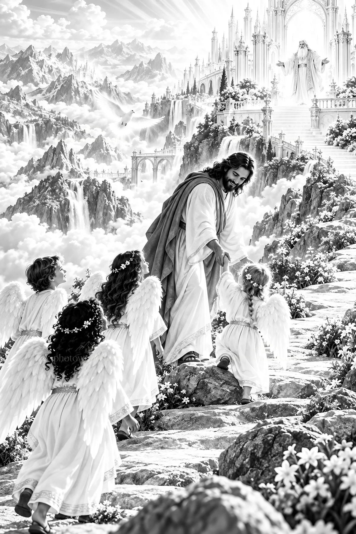 Jesus Christ guiding children towards the heavenly city - AI-generated stock image