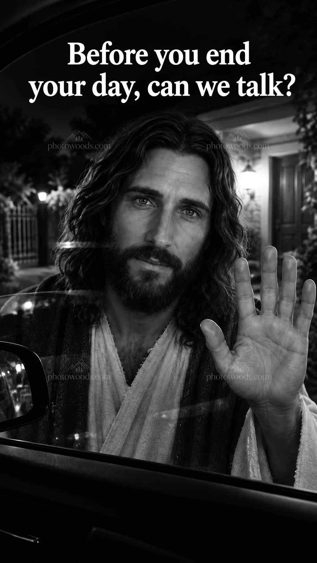 Jesus Christ reaching out to speak with the viewer - AI-generated stock image