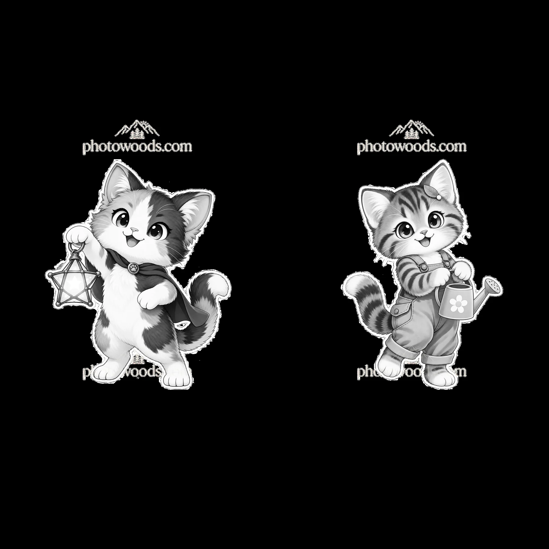 Cute kawaii cats with lantern and watering can in black and white - AI-generated stock image