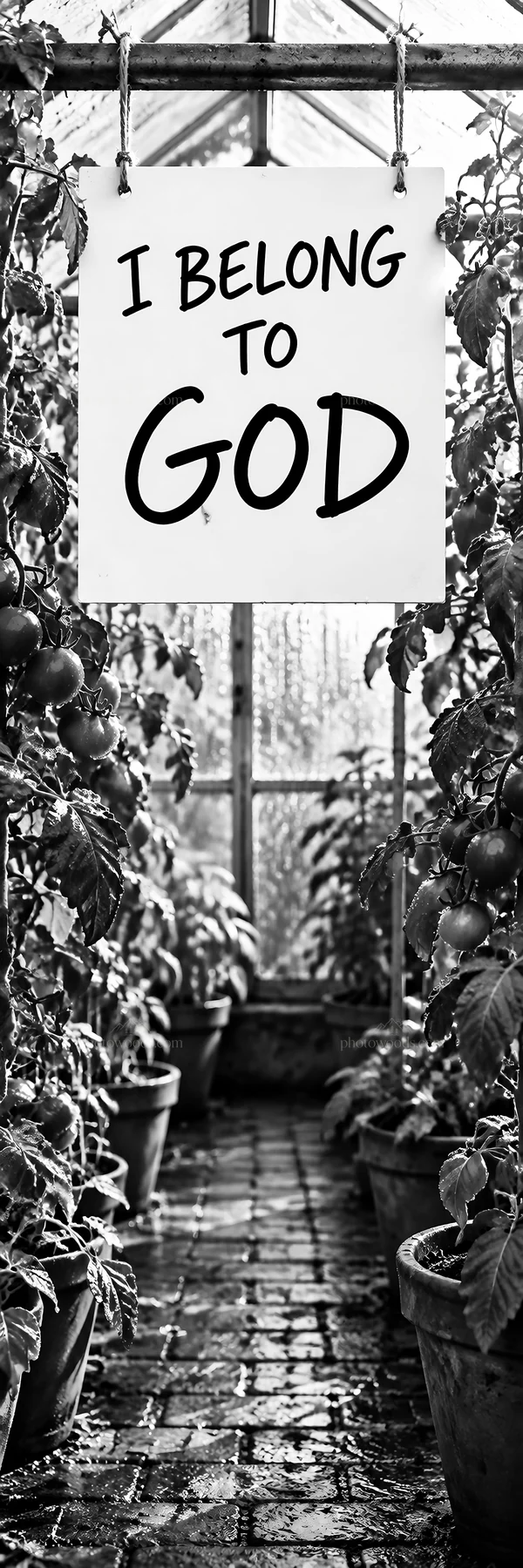 Jesus Christ in a garden with a sign about belonging to God - AI-generated stock image