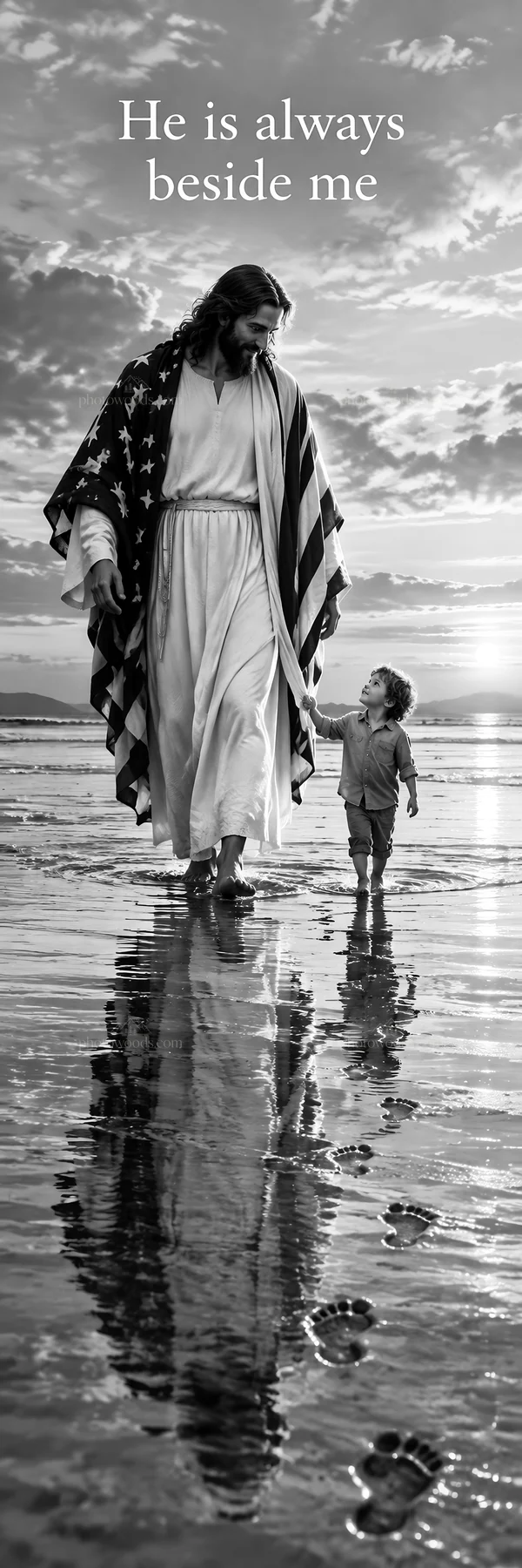 Jesus Christ walking with a child on the beach at sunset - AI-generated stock image