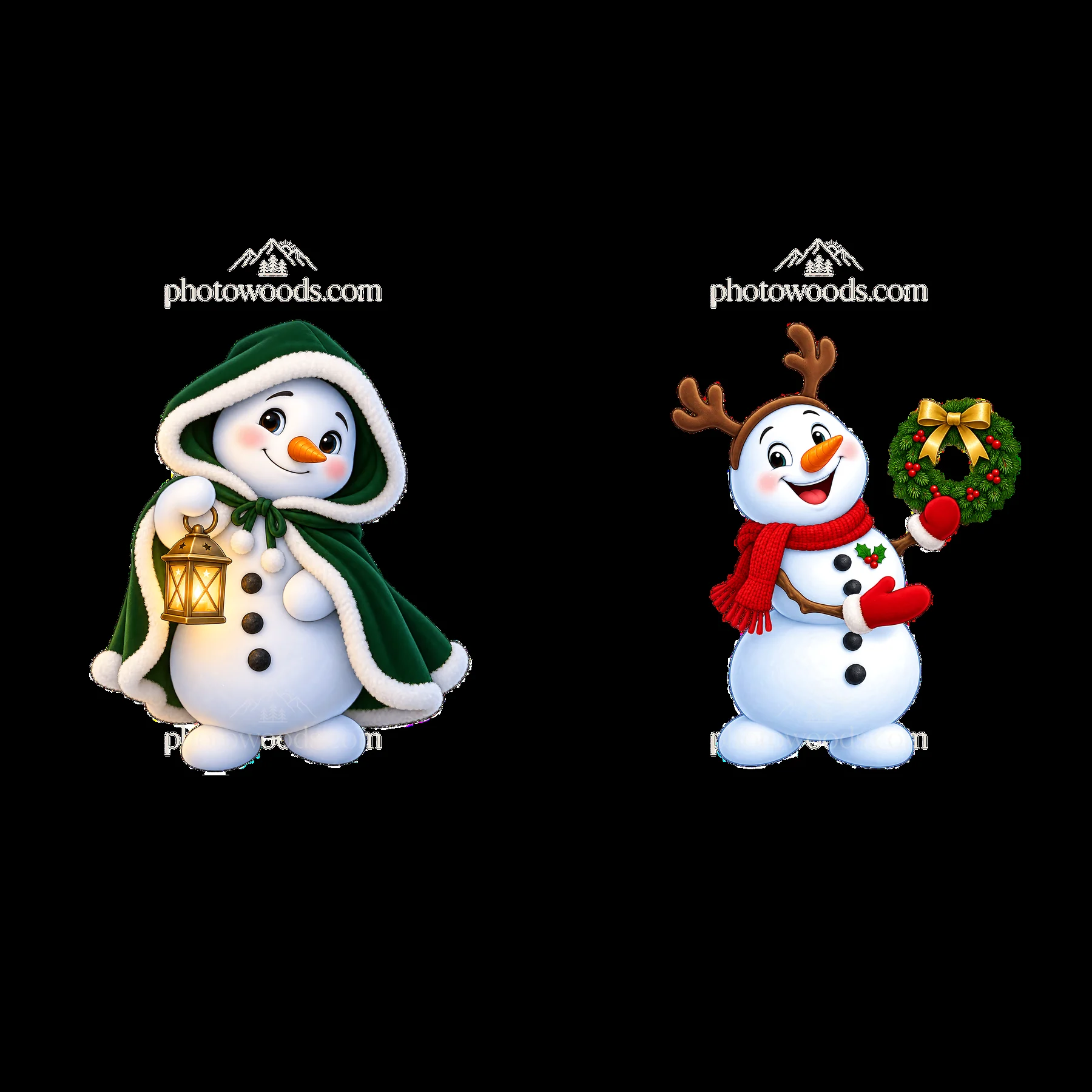 Christmas snowman with lantern and snowman with wreath - AI-generated stock image