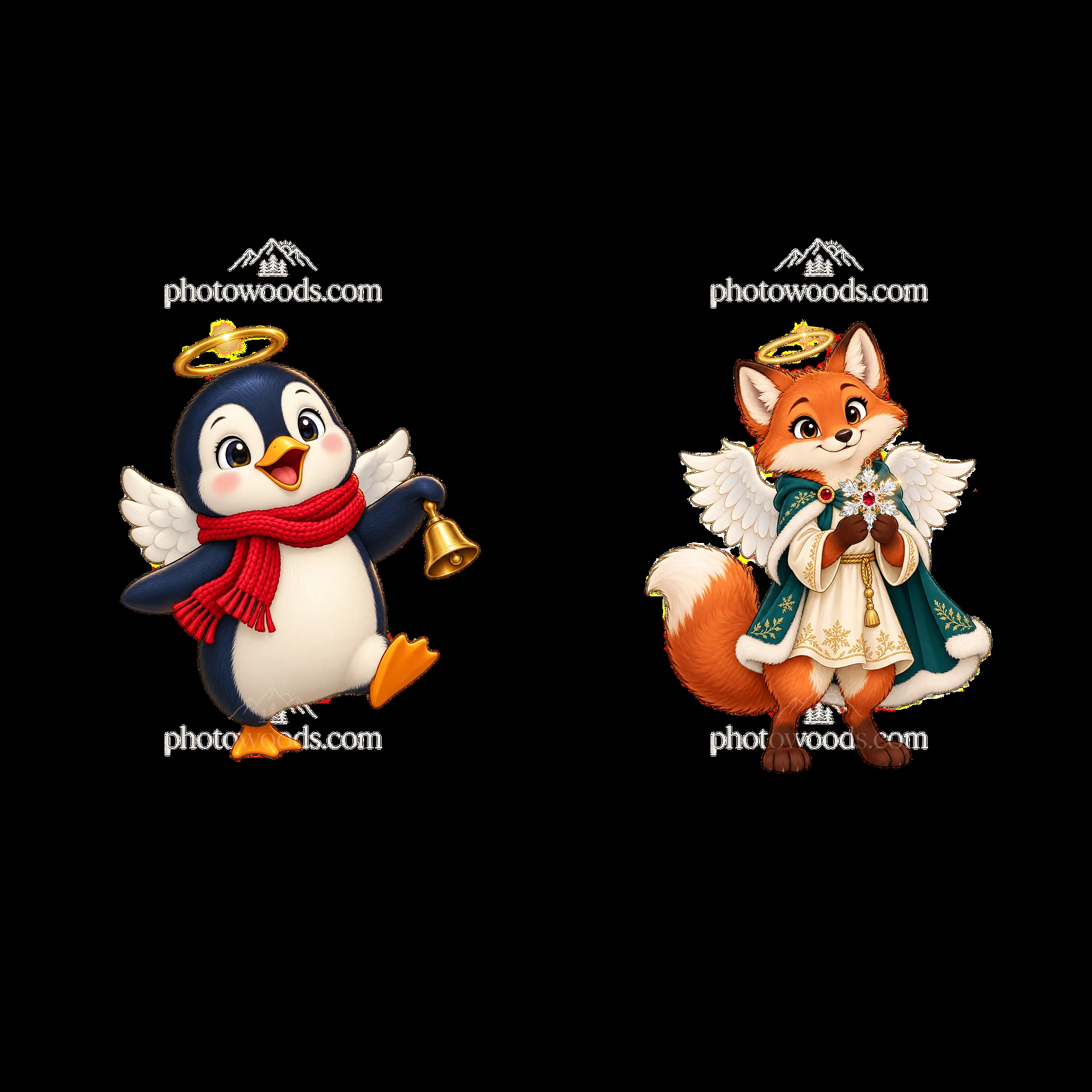 Christmas angel penguin and fox character stickers set - AI-generated stock image