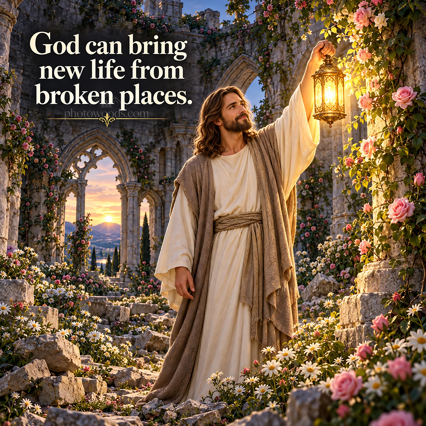 Jesus Christ lights the way in a garden of flowers - AI-generated stock image
