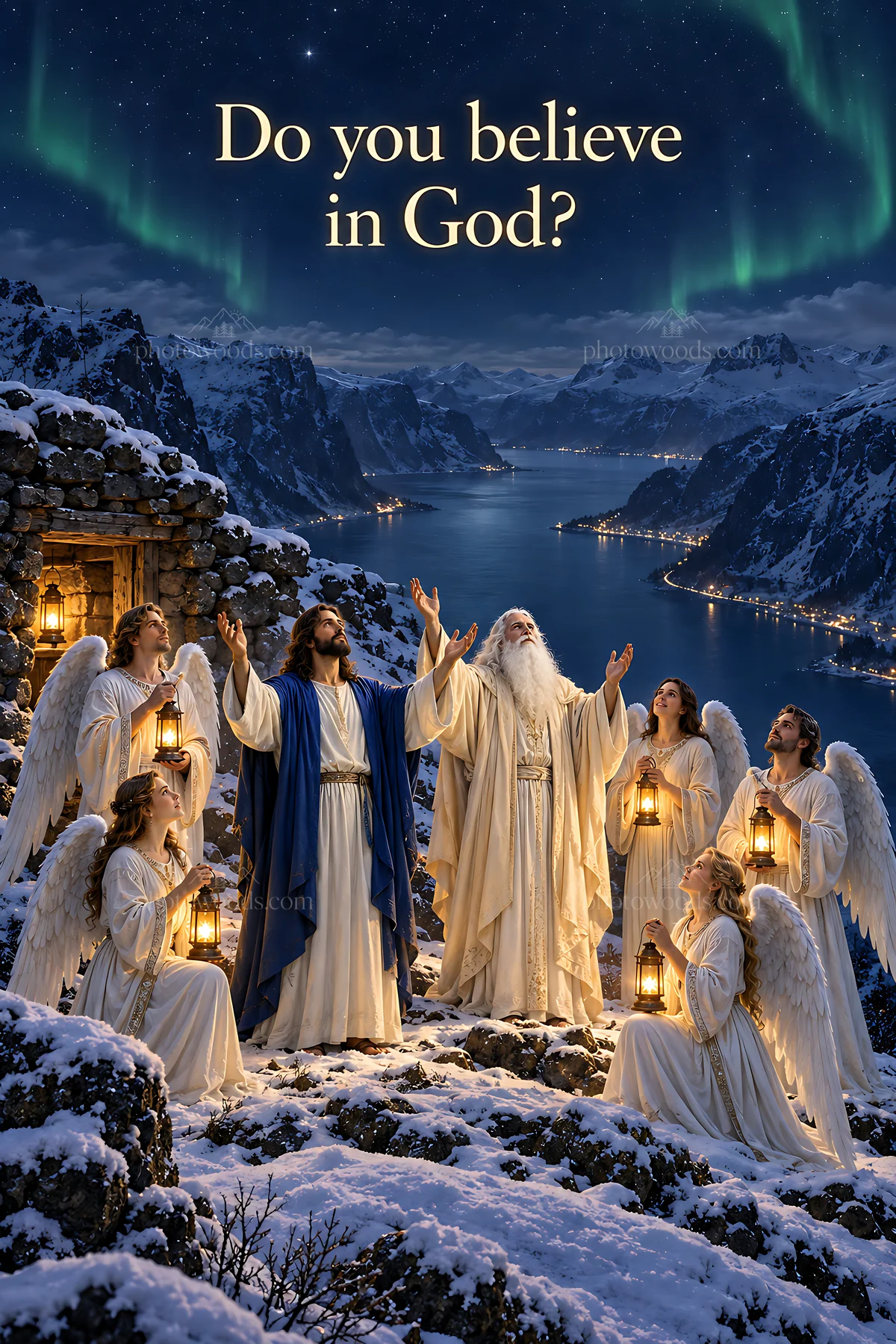 Do you believe in God with northern lights in the background - AI-generated stock image