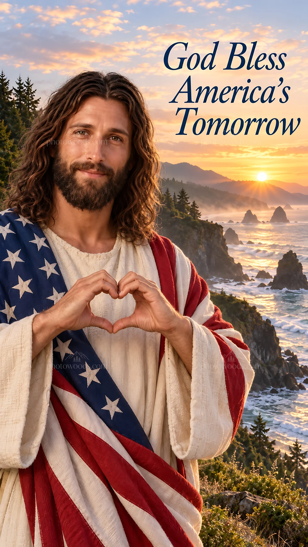 Jesus Christ making a heart gesture by the ocean at sunset - AI-generated stock image