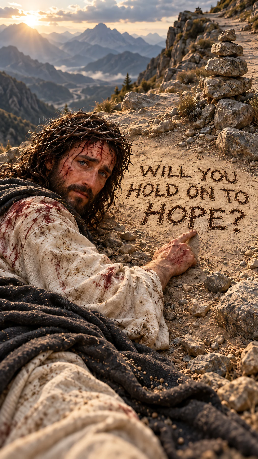 Jesus Christ encouraging hope in a mountain setting - AI-generated stock image