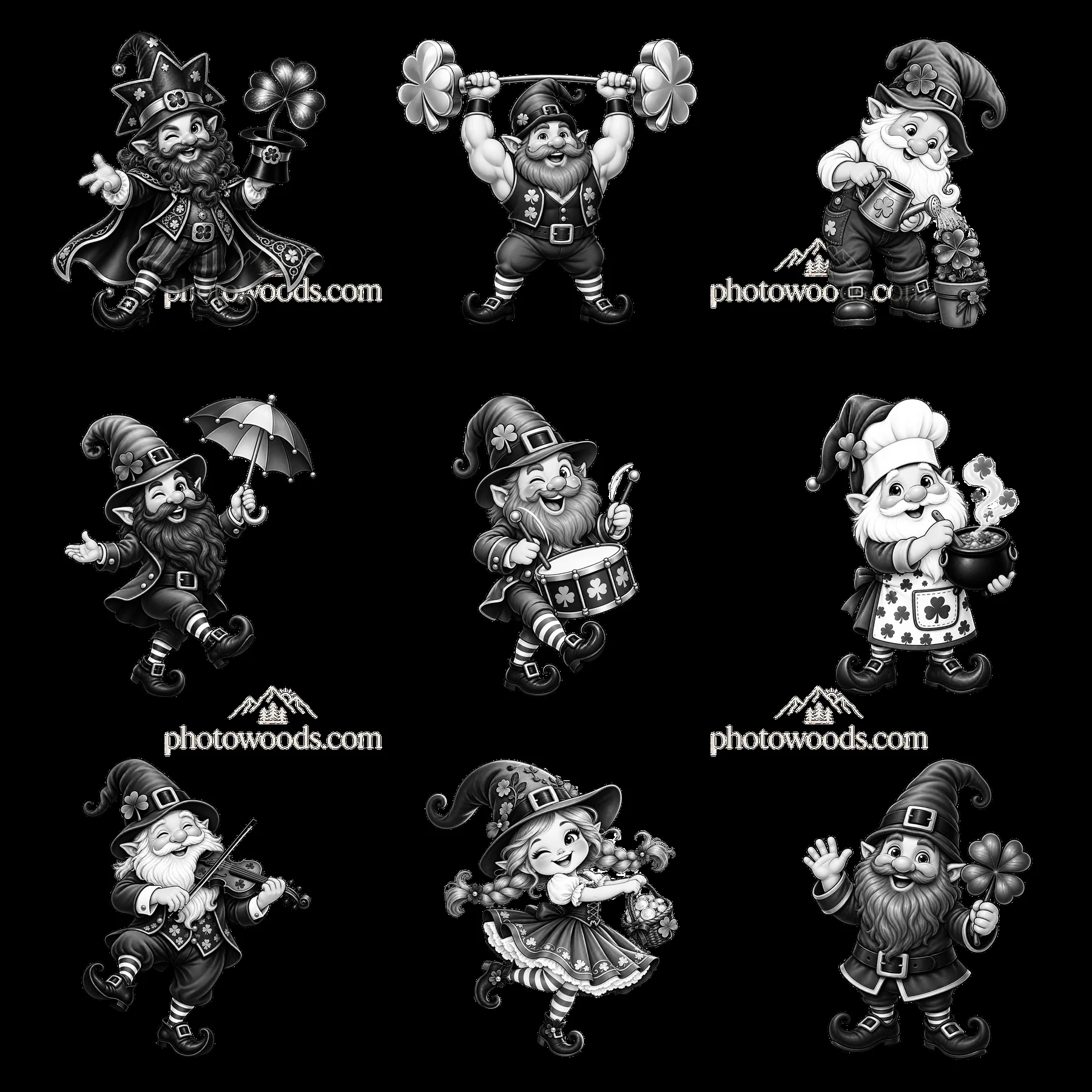 St. Patrick's Day gnomes celebrating in a 3x3 grid layout - AI-generated stock image